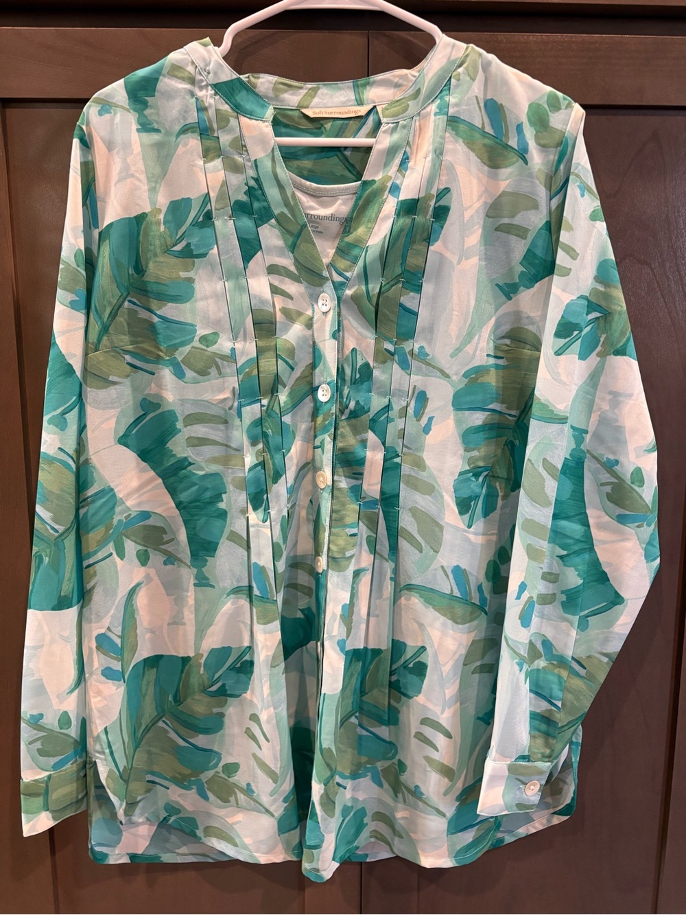 SOFT SURROUNDINGS Green Leaf Print Women's Button Shirt Blouse w/ tank, L